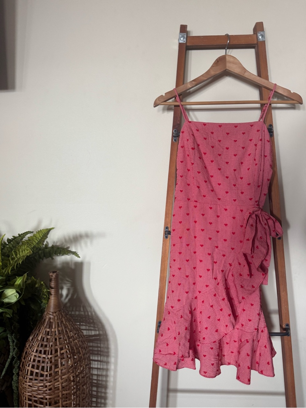 Red Heart-Print Tie-Detail Mini Dress